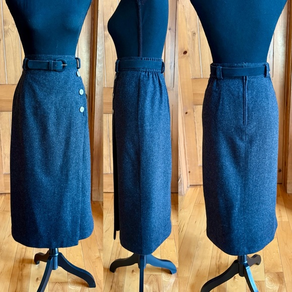 Charcoal Gray Faux Wrap Wool Midi Skirt with Belt (16) - Picture 1 of 15